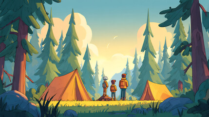 family camping in forest clearing, setting up tents