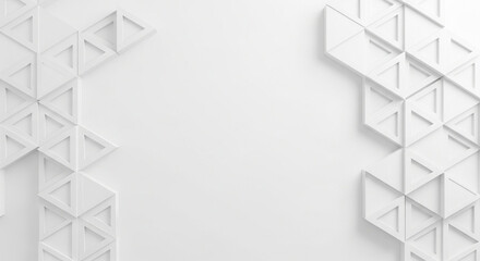 Modern white background with an abstract 3D geometric triangular pattern. Clean, minimalist backdrop with copy space.