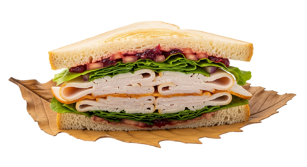 Turkey and cranberry sandwich on a leaf isolated on transparent background