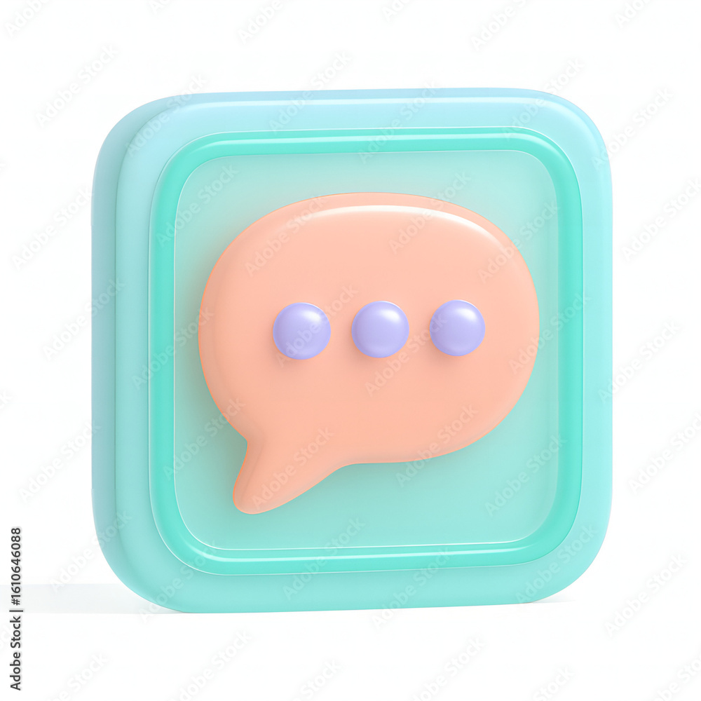Poster isometric pastel color message bubble chat icon on rounded square background