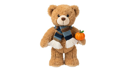 Obraz premium A teddy bear with a scarf holds a pumpkin isolated on transparent background