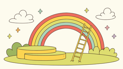 Rainbow ladder to success illustration with clouds and platform for product display background vector