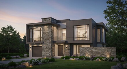 Fototapeta premium Modern Architectural Home Design at Dusk with Stone Facade and Landscaped Yard