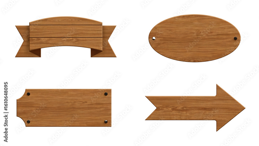 Poster assorted set of unique wooden signs and directional arrow on an isolated transparent background