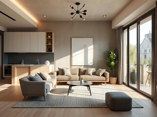 modern japandi micro-apartment 3d, geometric wall art, multifunctional furniture, concrete and wood decor, neutral palette, small space