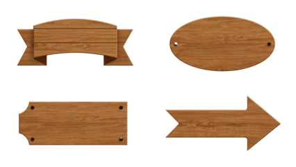 Assorted set of unique wooden signs and directional arrow on an isolated transparent background