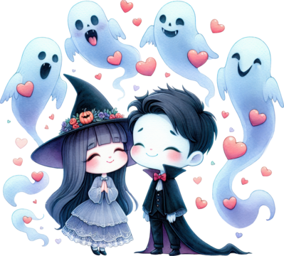 Adorable Ghost Couple Celebrating Love - Powered by Adobe