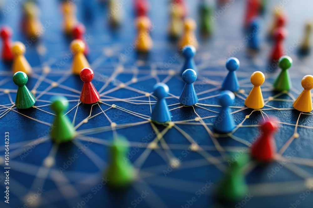 Poster connections among colored tokens representing a network across a grid, network of connections over s