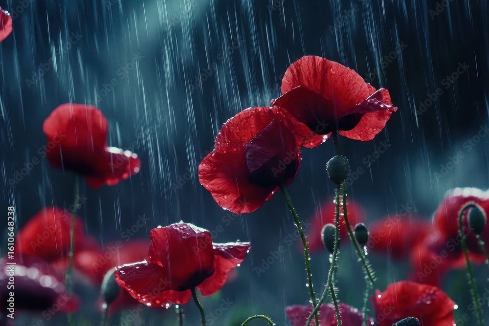 Poster delicate red poppies sway gently in spring rain with mesmerizing slow motion, red poppies and spring