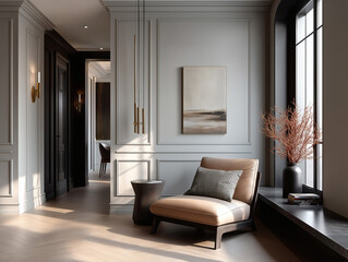 Aesthetic beautiful elegant  modern luxury interior design. Clear mock up empty wall for decoration in the apartment, painting frame. Copy space in the room.