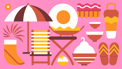 A charming flat illustration of summer vacation essentials and beach holiday items.