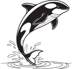 Fototapeta premium Jumping Orca Whale Vector – Black and White Line Art of Killer Whale Splashing in Ocean
