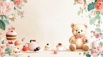 Teddy bear enjoying a sweet tea party surrounded by delicious desserts and flowers.