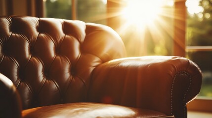 Obraz premium Sunlight illuminating a cozy leather armchair