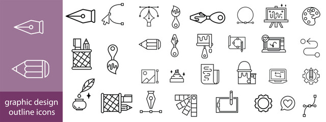 Set of outline icons of graphic design. Simple linear icons in a modern style flat, Creative Process. Graphic design, creative package, stationary, software. Minimal Graphic Design related icon set.