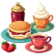 Delightful Cartoon Breakfast Spread Featuring Pastries Drinks and Strawberries.