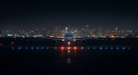 Fototapeta premium Night Arrival Commercial Airplane on Runway with City Lights in Background for Transportation and Travel Images Destination