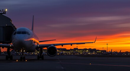 Fototapeta na wymiar Passenger Airplane at Airport Terminal During Stunning Sunset Sky Scenery Reflecting on Aircraft Body Preparation for Flight Departure