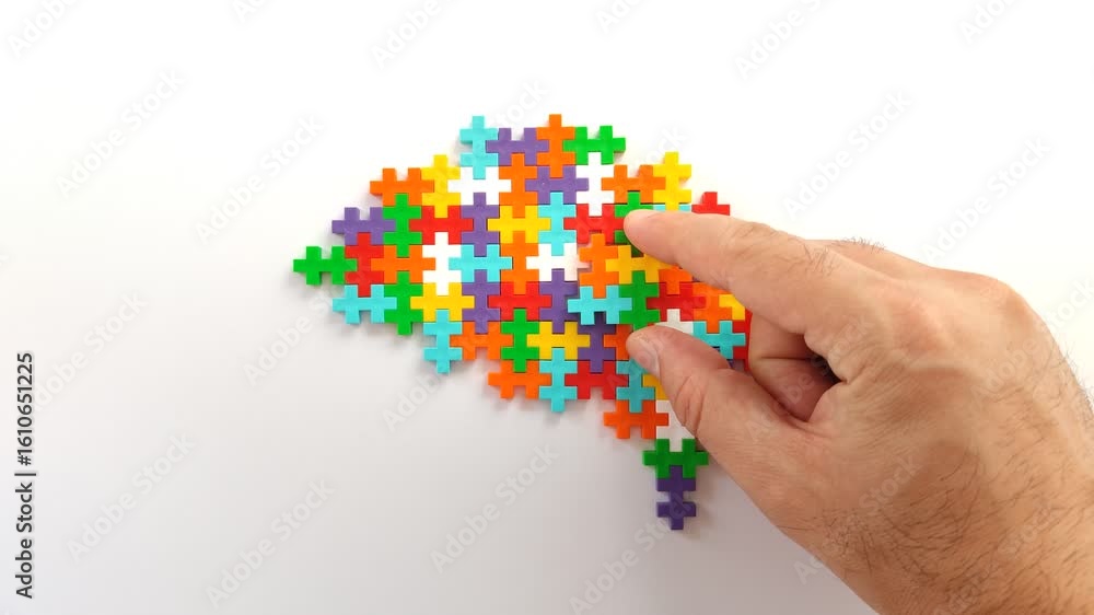 Poster mental health and problems with memory. a hand that puts the missing pieces of the brain puzzle toge