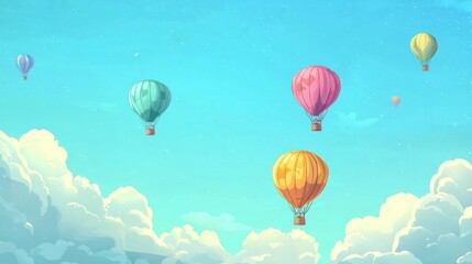Fototapeta premium Colorful hot air balloons floating in a light-blue sky with puffy clouds.