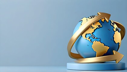 Stylized globe with golden continents and arrows circling it, placed on a small pedestal against a light blue background.