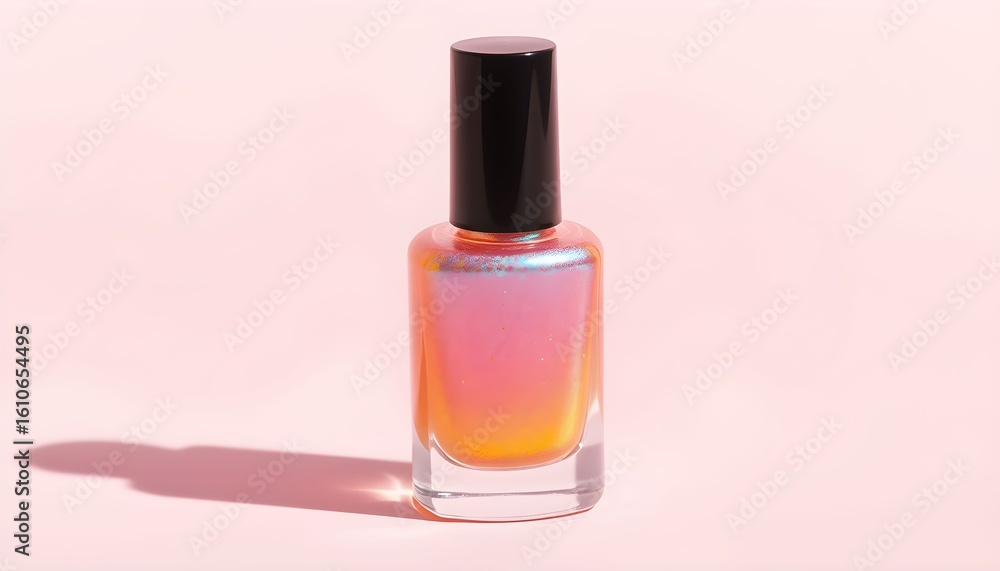 Poster a close-up photograph of a nail polish bottle with a gradient color scheme, casting a shadow.