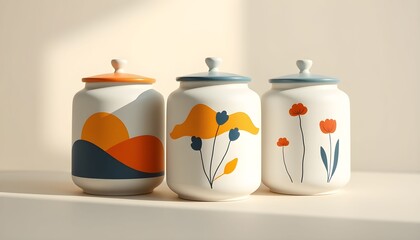 Three ceramic jars with minimalist nature-inspired designs, showcasing sunset, flowers, and abstract floral motifs.