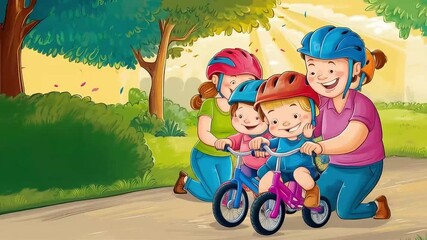Parents joyfully teach a group of happy children how to ride their bikes in a sunny park, ensuring their safety with helmets - Powered by Adobe