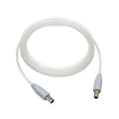 Flexible, translucent knitting/crochet cable with metallic connectors, gently coiled on a transparent background, shadowless studio lighting, concept for professional product photography