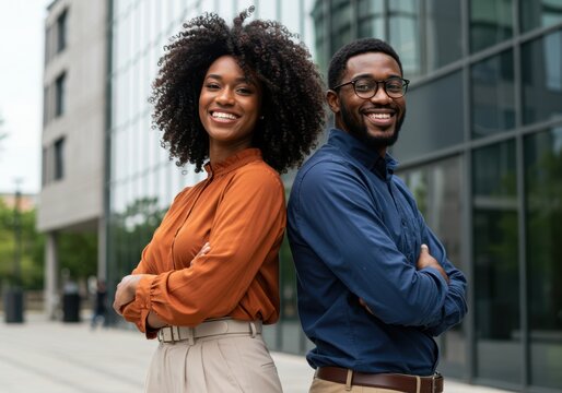 A diverse business team of a man and woman smiling confidently with arms crossed outside a modern office building