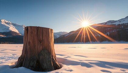 A sunlit landscape featuring a tree stump, snow, mountains, and a bright sun.