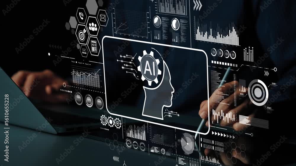 Poster futuristic interface with ai-driven insights and analytical data visualization on laptop screen. asy