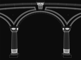 A black and white wireframe drawing of an arch with detailed columns