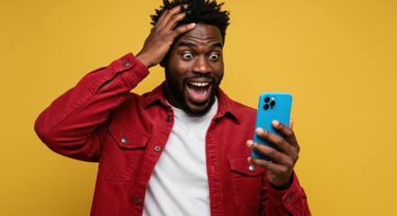 A black man with a beard and curly hair reacts with shock and excitement while looking at his smartphone, holding his head in disbelief against a vibrant yellow background