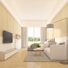 Modern minimalist style hotel room with built-in TV cabinet and Wooden wall. Sofa set and coffee table. Medium bed and side table. 3d rendering