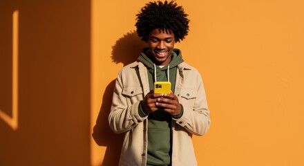 A smiling young black man with curly hair stands outdoors against an orange wall, engrossed in his yellow smartphone
