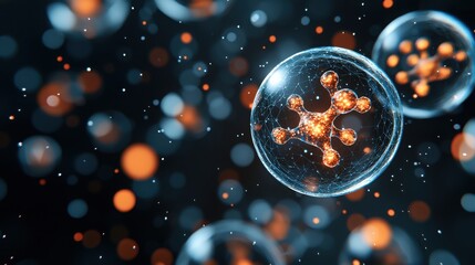 Stem Cell Therapies Concept. Abstract illustration of glowing molecular structures in dark background with bokeh effect