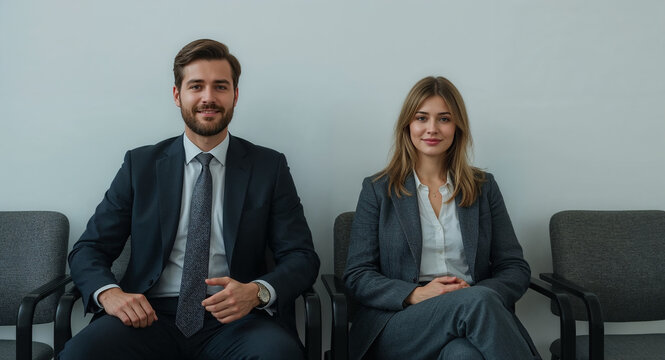 Two job candidates waiting side-by-side for an interview, with subtle differences in confidence, attire, and posture hinting at the standout individual as the best potential hire