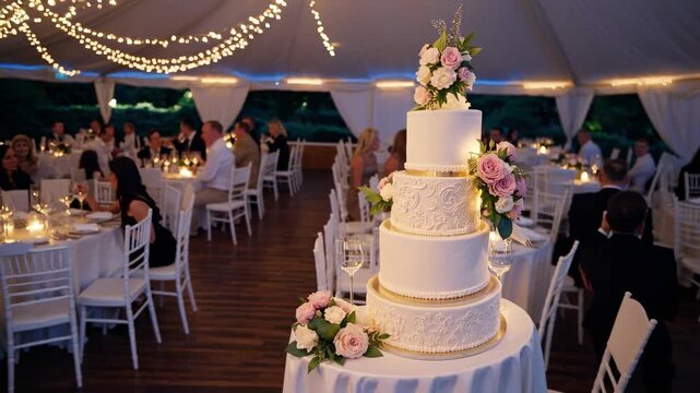 Elegant wedding reception with a stunning cake and candlelight ambiance in a beautiful venue