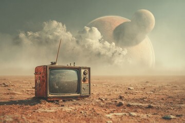 Rusty Retro TV in a Desolate Martian Landscape