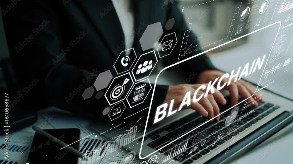Aufkleber business professional engaging with blockchain technology in modern office environment. asymptotic s