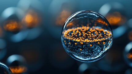Stem Cell Therapies Concept. Detailed Close-Up of Transparent Sphere with Orange Bubbles Floating in a Dark Background