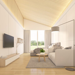 Modern minimalist style hotel room with built-in TV cabinet and white wall. Sofa set and coffee table. Medium bed and side table. 3d rendering