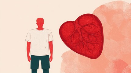 Stem Cell Therapies Concept. Human figure beside a large heart shape illustrating the concept of cardiovascular health