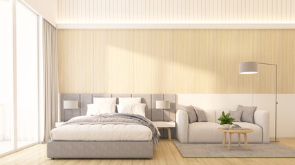 Modern minimalist style hotel room with wooden wall and white wall. Medium bed and side table, sofa set and coffee table. 3d rendering