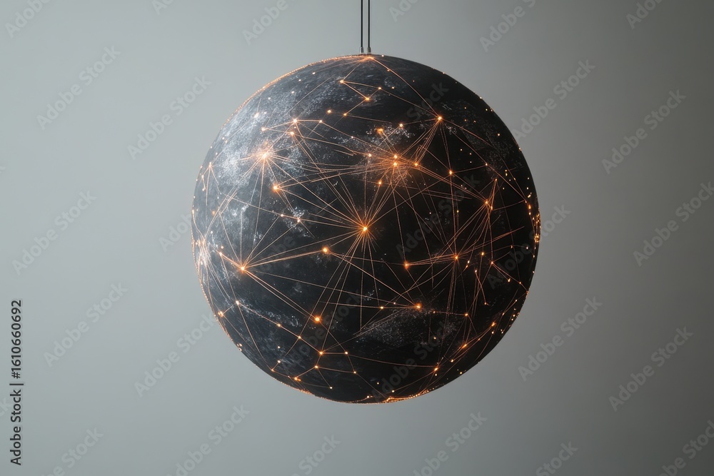 Poster data processing globe suspended in a network of connections illustrating global information exchange