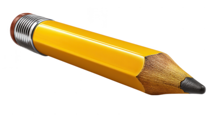 A short yellow pencil with a metal ferrule and eraser is isolated on a transparent background, ideal for adding a touch of creativity