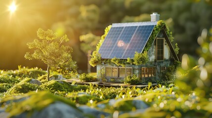 A small house with solar panels on the roof surrounded by greenery in a bright sunny environment