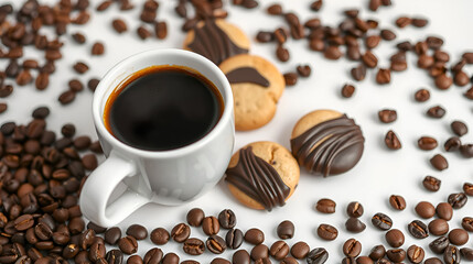 View of white coffee cup of creative shape full with black coffee together with round cookies enrobed with black chocolate surrounded by coffee beans on white surface against background of white ceram