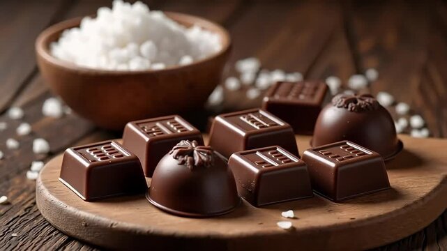 A wooden bowl filled with salt and chocolate candies on a wooden board and wooden table top